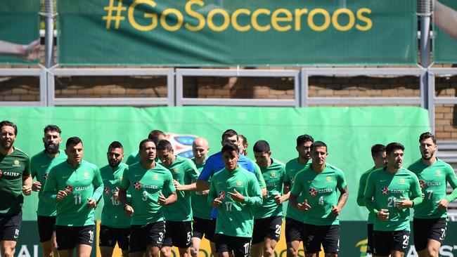 Australia during a training session at the Socceroos training base, Stadium Trudovye Rezervy, after their loss to France at the FIFA 2018 World Cup, Kazan, Russia, Sunday, June 17, 2018. (AAP Image/Dean Lewins) NO ARCHIVING