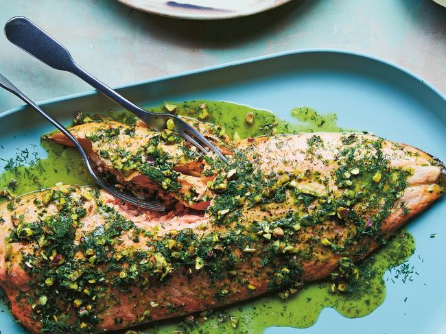 EMBARGO FOR TWAM 07 SEPTEMBER 2024. FEE MAY APPLY. Baked salmon with orange, dill + pistachio kernels. The Good Farm Cookbook by Scott Gooding and Matilda Brown, photography by Cath Muscat. Murdoch Books RRP $39.99