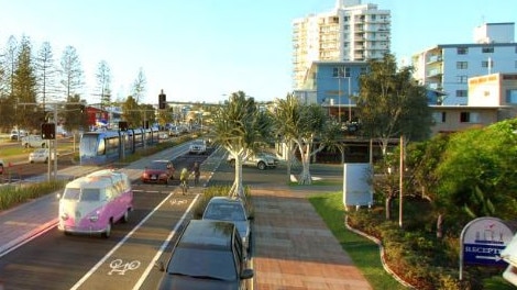 Light rail could transform main roads. Pictured is an artist's impression of Alexandra Pde with one traffic lane in each direction and a central median strip for light rail.