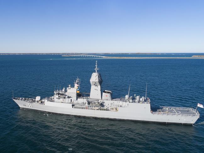 HMAS Arunta departs Fleet Base West and sails into Cockburn Sound, Western Australia.