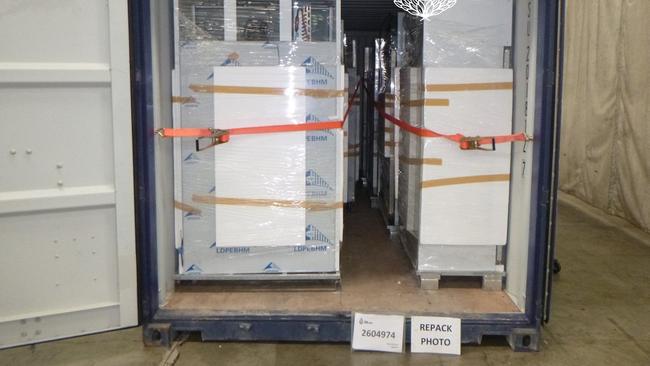 538kg of ice was found crudely hidden in fridges in a container from Singapore.