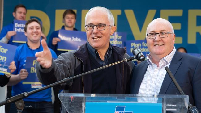 Prime Minister Malcolm Turnbull and Liberal candidate Brett Whiteley at his official campaign launch for the Braddon by-election.