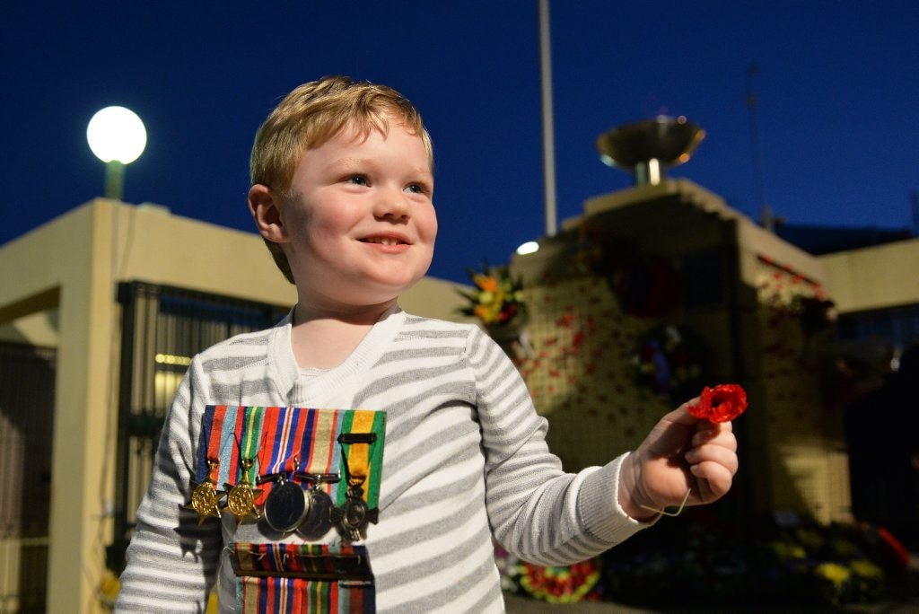 Anzac Day service at Memorial Park, Gympie. Arpil 25, 2016. Brayden Manning, 3. Photo Patrick Woods / Gympie Times. Picture: Patrick Woods