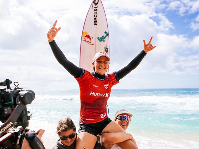 Molly Picklum of Australia after winning the final at the Hurley Pro Sunset Beach. Photo: World Surf League