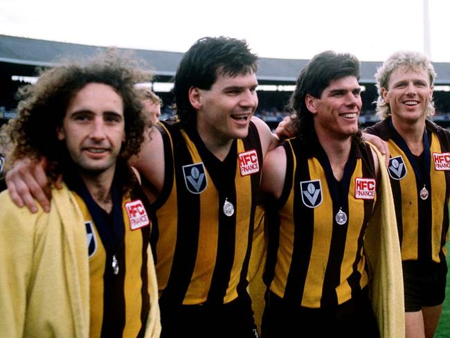 Dunstall and teammates celebrate the 1986 premiership. Picture:Tony Feder/ALLSPORT