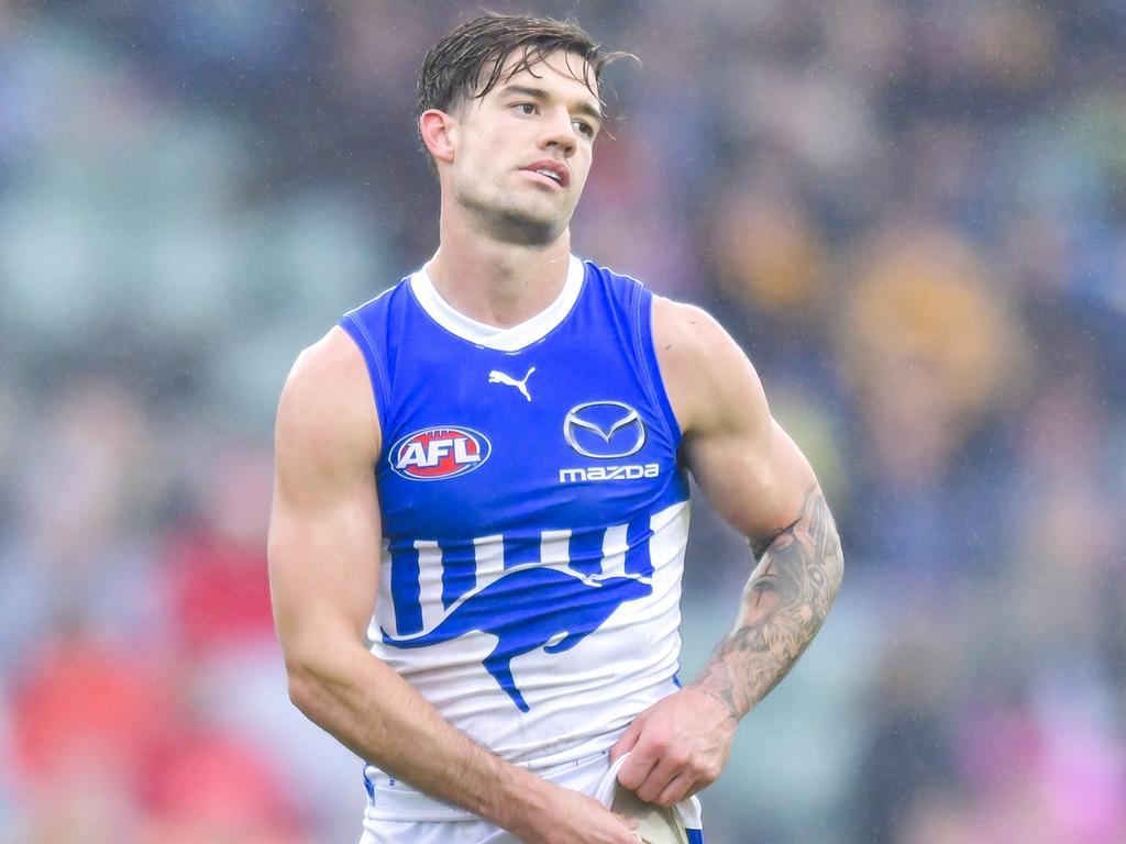 Jy Simpkin during Saturday’s big loss to Hawthorn. Picture: Simon Sturzaker/AFL Photos/via Getty Images