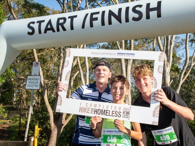 Chris Parker (left), Tom Richardson and Lachlan Parker completed the 5km hike.Hike for Homeless held at Jubilee Park. October 19th, 2024