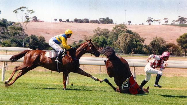 Jockey Simon Ryan and racehorse Riviera Red go their separate ways as Malcolm Viant on Fireburst prepares to take evasive action during the Oakbank Maiden Hurdle on 22 March 1995. This photographer won The Advertiser photographer Martin Jacka a Walkley Award in the category of best features photograph in a newspaper.