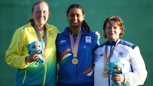 Women’s double trap medallists (from left) silver medallist Emma Cox, Indian gold medallist Shreyasi Singh and bronze medallist Linda Pearson from Scotland.