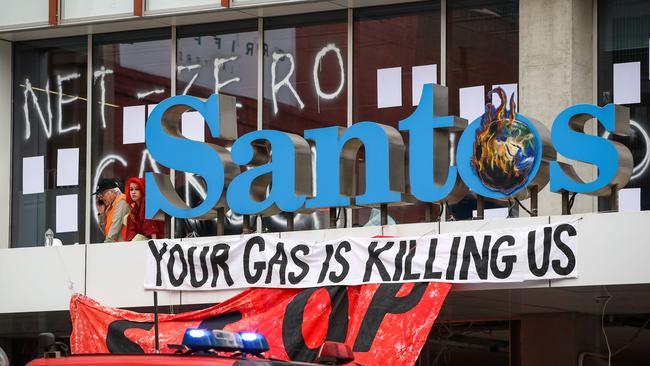 Protestors at Santos headquarters in Adelaide. Picture: Matt Turner