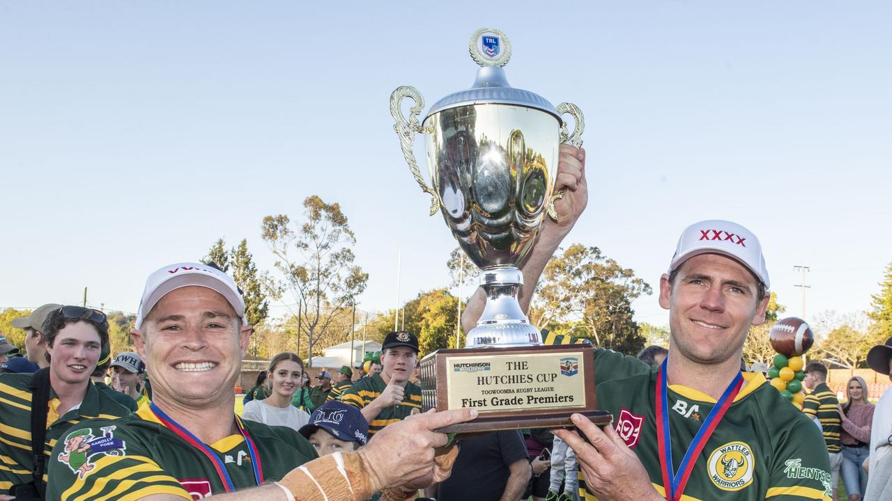 Travis Burns and Dale Perkins celebrate Wattles 2022 win. Picture: Nev Madsen.