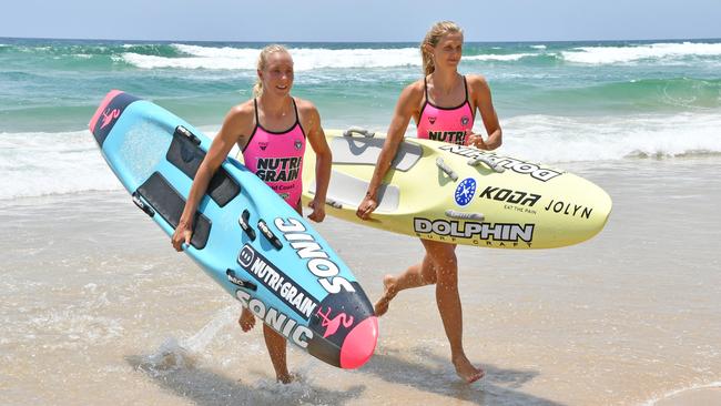 Danielle McKenzie and Harriet Brown preparing for round 2 of the Nutri-Grain series at Burleigh Beach on Thursday morning. Picture: Harvpix