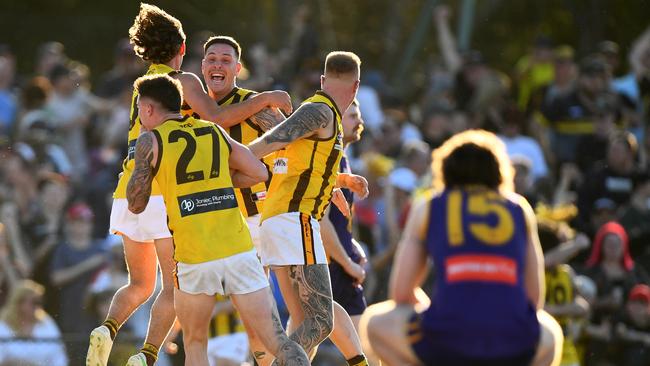 Agony and ecstasy: Rowville celebrates last year’s grand final while Vermont rues the result. Photo by Josh Chadwick