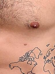 Locky’s third nipple, just above his tattoo and below his left nipple.