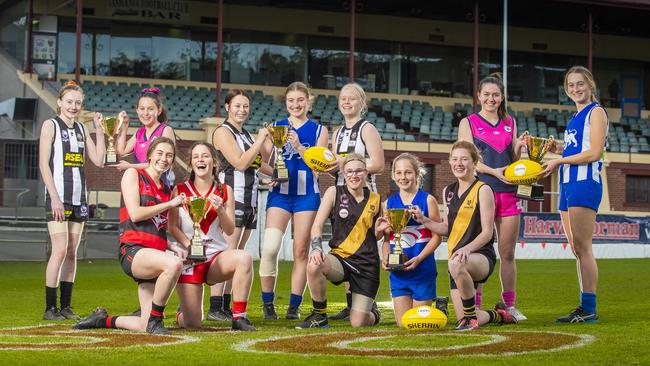 Some of the hundreds of junior footballers ready to compete in the STJFL junior grand finals at North Hobart Oval on Sunday. Picture: Richard Jupe