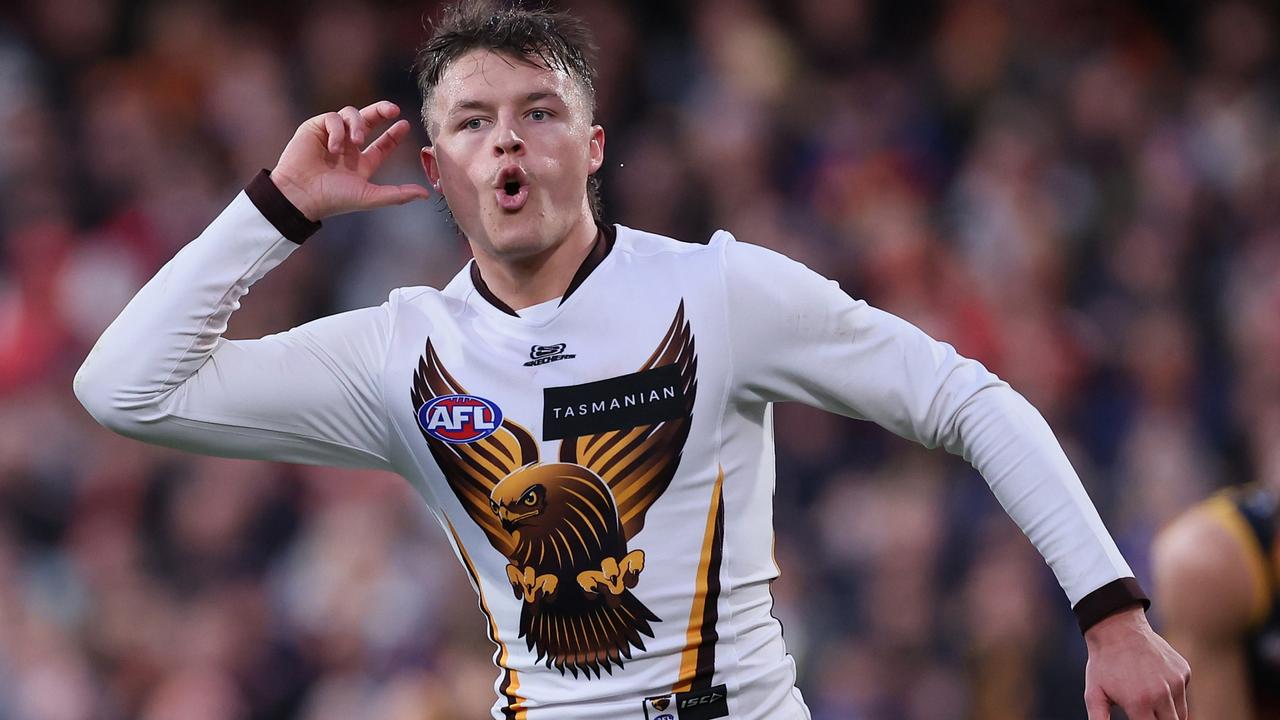 Hawthorn star Jack Ginnivan celebrates a goal against Adelaide in the Hawks’ huge win on Sunday. Picture: James Elsby / Getty Images