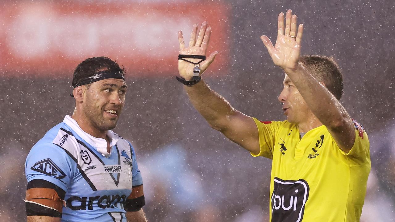 Dale Finucane of the Sharks is given ten minutes in the sin bin by referee Ben Cummins for the hip drop. Picture: Getty Images