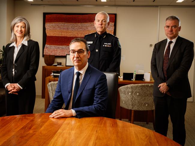 Minister Wade, pictured right with Premier Steven Marshall, Police Commissioner Grant Stevens and Chief Public Health Officer Prof Nicola Spurrier, says, unlike in countries where the response was heavily politicised, in Australia, co-operation between politicians and authorities has flowed. Picture: Matt Turner