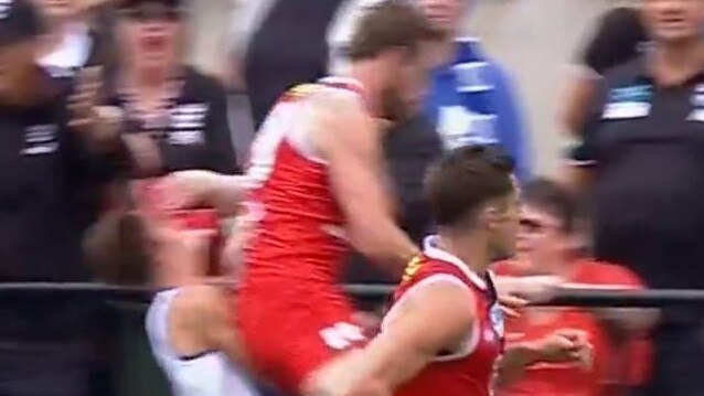 Community Cup series. St Kilda vs North Melbourne at RSEA Park, Moorabbin. Jimmy Webster and Jy Simpkin incident  Picture: Channel 9