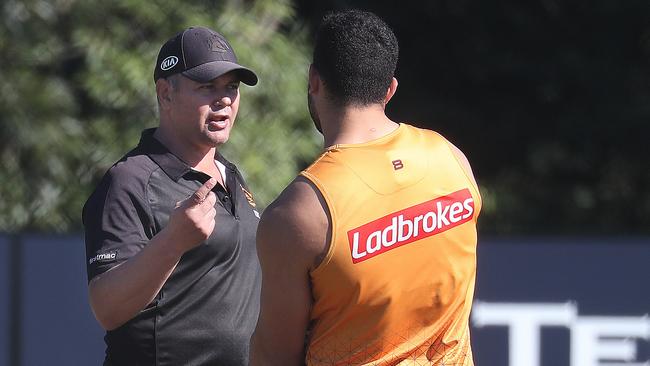 David Fifita talks to Broncos coach Anthony Seibold at training this week. Picture: Annette Dew