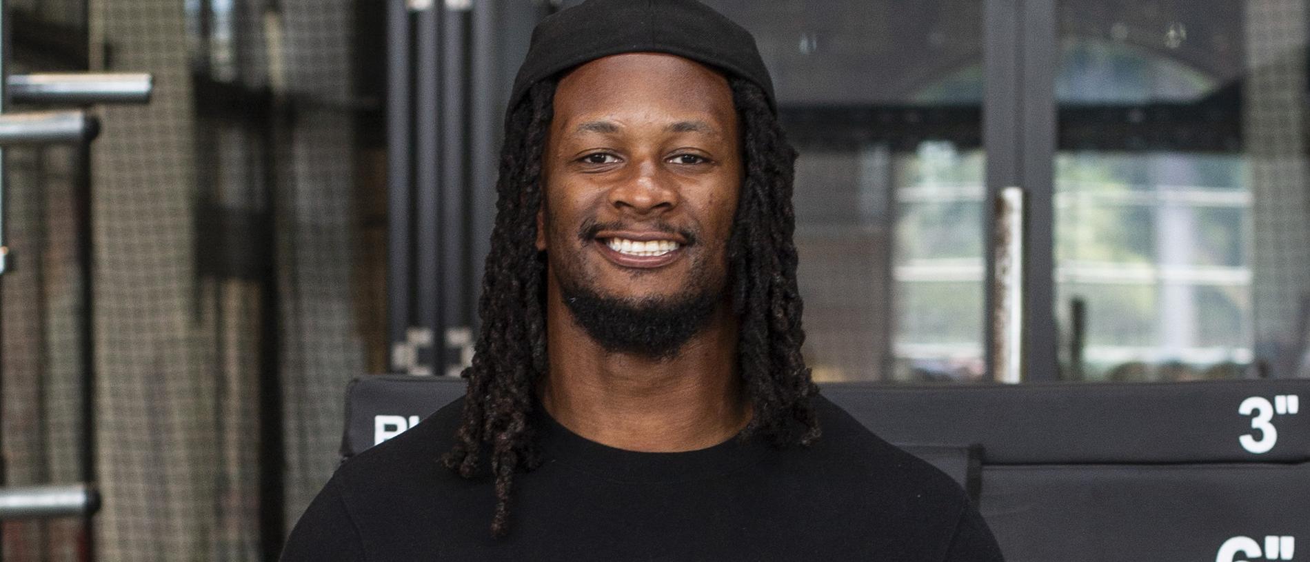 Todd Gurley poses with an NRL ball