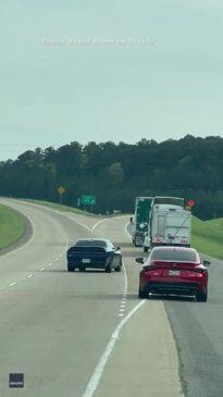 Trucks 'playing bumper cars' hold up traffic