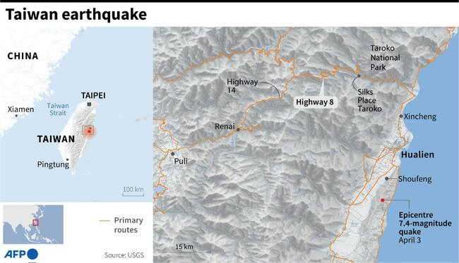 Map of the region in Taiwan surrounding the epicentre of a 7.4-magnitude earthquake that struck on Wednesday, April 3. Map highlights primary routes.