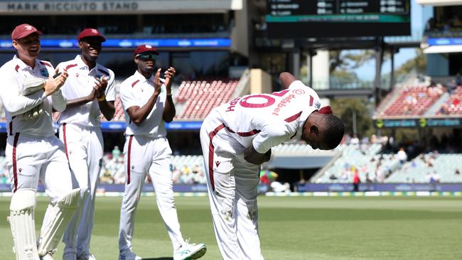 Shamar Joseph of the West Indies bows to the spectators while walking from the field after taking 5 wickets at Adelaide Oval. Photo by Paul Kane.