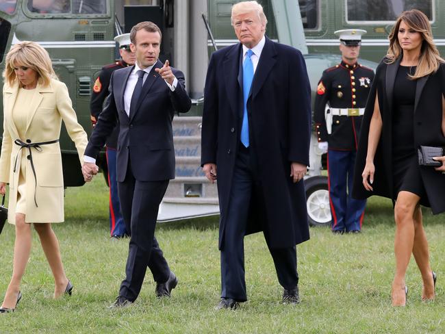 The French and US Presidents walk with their wives, Brigitte Macron and Melania Trump in Mount Vernon, Virginia. Picture: Ludovic Marin/AFP