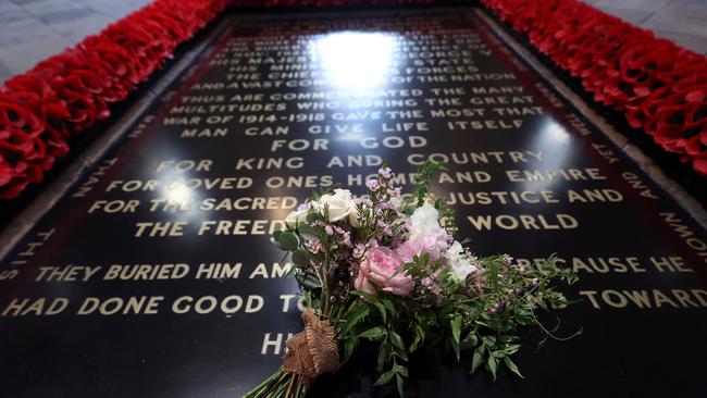 The wedding bouquet of Princess Beatrice placed on the tomb of the Unknown Warrior in Westminster Abbey. Picture: Yui Mok/AFP