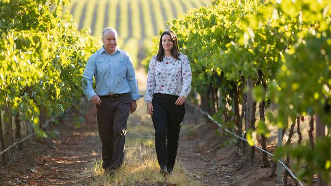 ANZ South Australia agribusiness manager Steve Radeski with graduate Felicity Jones on a vineyard at Gawler in South Australia. Pictures: Matthew Turner