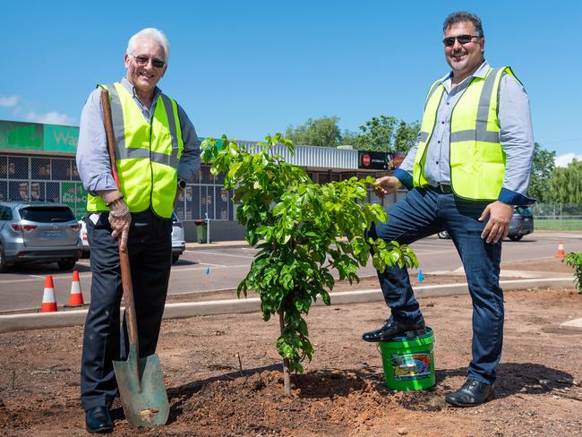 Darwin  Lord Mayor Kon Vatskalis and Richardson Ward alderman George Lambrinidis begin landscaping works at Wagaman shops, one of eight across Darwin municipality. Picture: Che Chorley