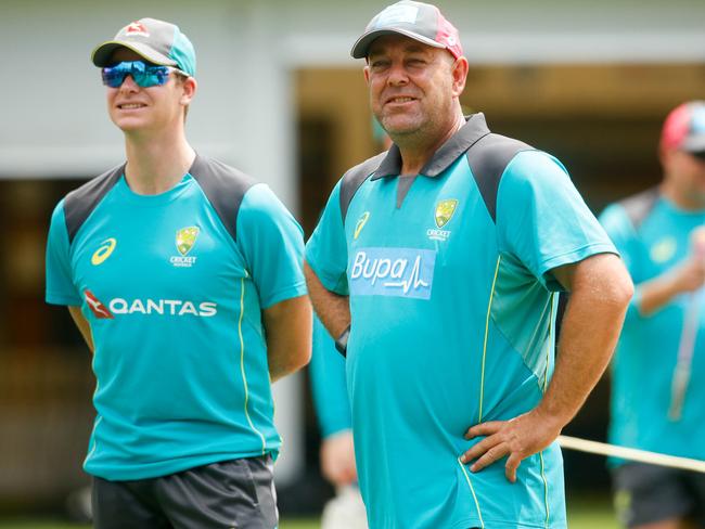 Darren Lehmann (right) during the Australian cricket team training session at the SCG in Sydney, Tuesday, January 2, 2018. Picture: AAP