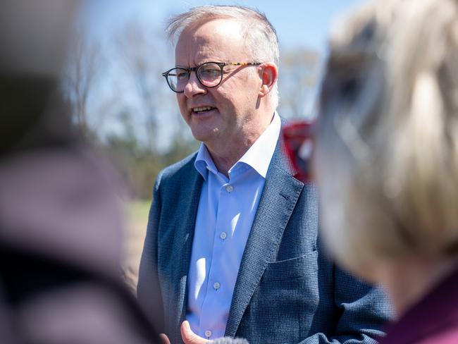 Prime Minister Anthony Albanese and the Minister for Agriculture , Fisheries and Forestry Murray Watt meet with flood affected farmer Michael Perkins in La Trobe Tasmania. Picture: PMO via NCA NewsWire