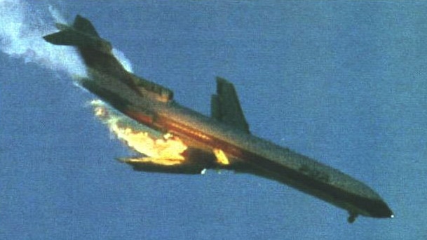 Pacific Southwest Airlines Boeing 727 Flight 182 in flames after colliding with a Cessna in the skies over San Diego before crashing into the suburbs killing all 135 aboard and seven on ground in 1978.