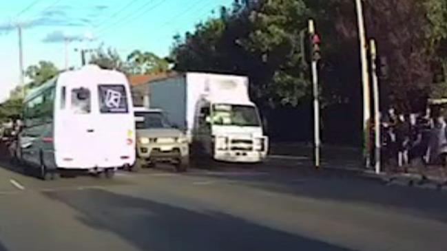 Dashcam footage shows the moment before the Marryatville students were hit by a truck running a red light. Picture: 7NEWS