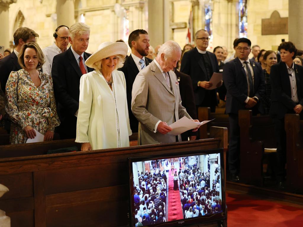 King Charles III and Queen Camilla attend a church service officiated by the Archbishop of Sydney Kanishka Raffel at a church in North Sydney. Picture: NewsWire / Rohan Kelly