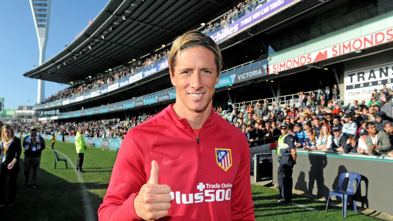 Fernando Torres of Atletico Madrid gives the thumbs up, after a tour match of the International Champions Cup Australia between Australia’s Melbourne Victory and Spain’s Atletico de Madrid at Simonds Stadium in Geelong, Sunday, July 31, 2016. Picture: AAP Image/Joe Castro