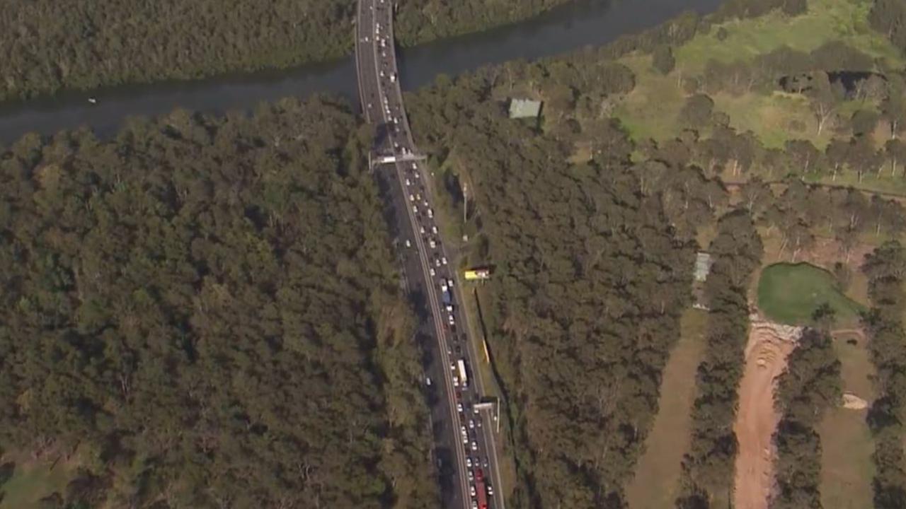 Aerial vision shows the scale of traffic build up on the M5 Motorway after the M8 was closed. Picture: Live Traffic