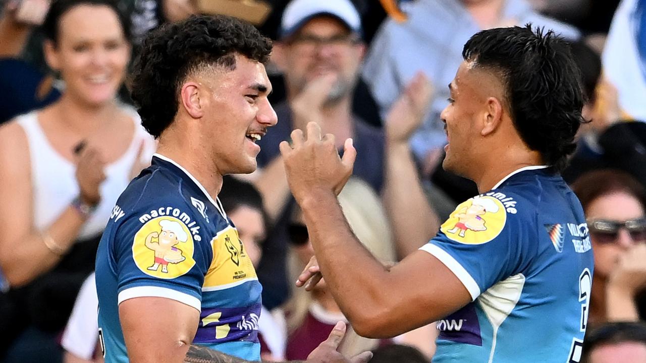 GOLD COAST, AUSTRALIA - AUGUST 14: Jojo Fifita of the Titans celebrates scoring a try during the round 22 NRL match between the Gold Coast Titans and the Manly Sea Eagles at Cbus Super Stadium, on August 14, 2022, in Gold Coast, Australia. (Photo by Bradley Kanaris/Getty Images)