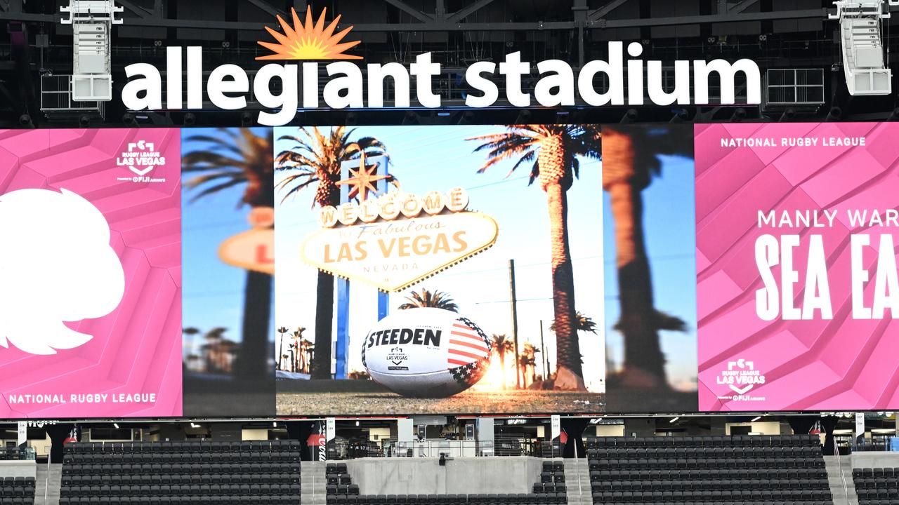 Rugby league on the Allegiant Stadium big screen. Picture: Grant Trouville/NRL Images