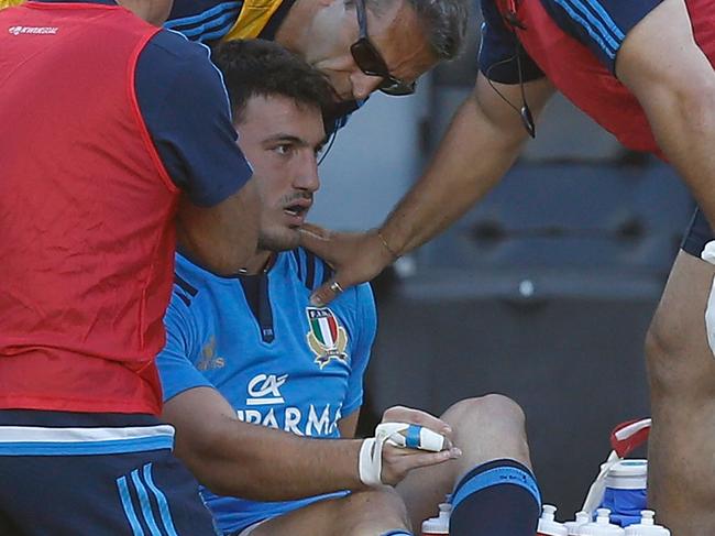 SAN JOSE, CA - JUNE 18: Leonardo Sarto of Italy lays on the ground injured after a collision with Taka Ngwenya of the United States in the first half of the match at Avaya Stadium on June 18, 2016 in San Jose, California. (Photo by Lachlan Cunningham/Getty Images)