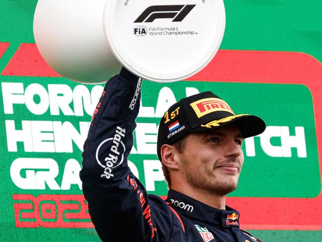 Max Verstappen lifts yet another winner’s trophy at the Dutch F1 Grand Prix. Picture: AFP