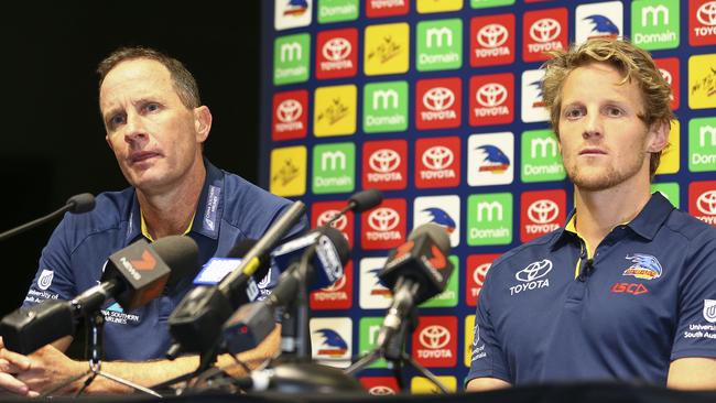 Crows coach Don Pyke and Rory Sloane on Wednesday. Picture: SARAH REED