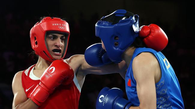 Imane Khelif fights Liu Yang during the women's 66kg final at the Paris Olympics. Picture: Richard Pelham/Getty Images