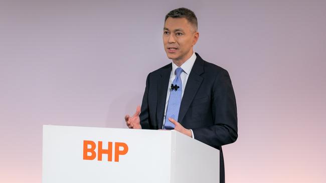 BHP’s AGM has been held ‘virtually’, with directors from the UK, Switzerland, the US and Australia taking part via videolink. BHP CEO Mike Henry addresses the meeting. Picture: Supplied