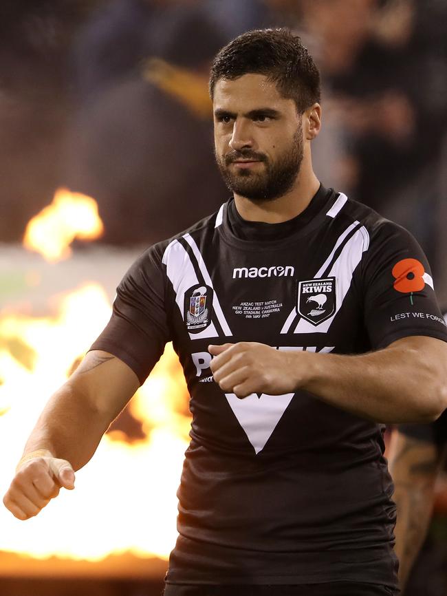 Jesse Bromwich of the Kiwis runs out to the field ahead of the ANZAC Test.