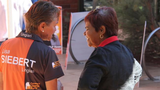 CLP Lingiari candidate Lisa Siebert and Labor Lingiari incumbent Marion Scrymgour at the Alice Springs Council Chambers, May 3, 2025. Picture: Gera Kazkov