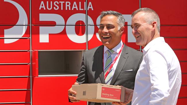 Australia Post CEO Ahmed Fahour with Woolworths CEO Brad Banducci. Picture: Stuart McEvoy