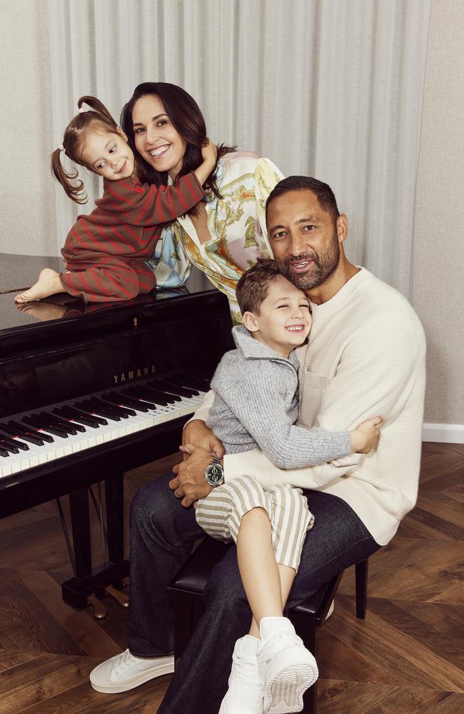 ‘Benji was this poster boy for working dads.’ Zoe Marshall and Benji Marshall, pictured with their children Fox and Ever. Picture: Daniel Nadel for Stellar